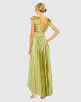Green Ruffle Top Sleeveless V Neck Pleated Gown